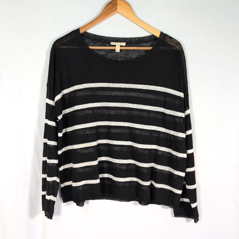 Eileen Fisher Black White Stripes Organic Linen Crepe Boat Neck Crop Top Size M